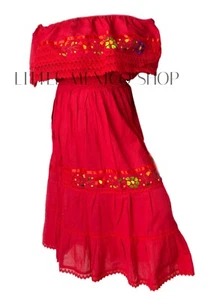 RED Mexican Peasant Off Shoulder Dress Fits Med-XL Embroidered Floral Crochet - Picture 1 of 1