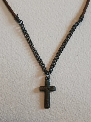 American Eagle Metal Cross Necklace, Metal Chain with Brown Leather Band, Men's - Image 1 of 4