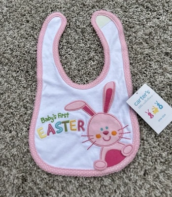 Babador Carters tamanho único bordado bebê primeira Páscoa algodão rosa branco bolinhas - Imagem 1 de 4