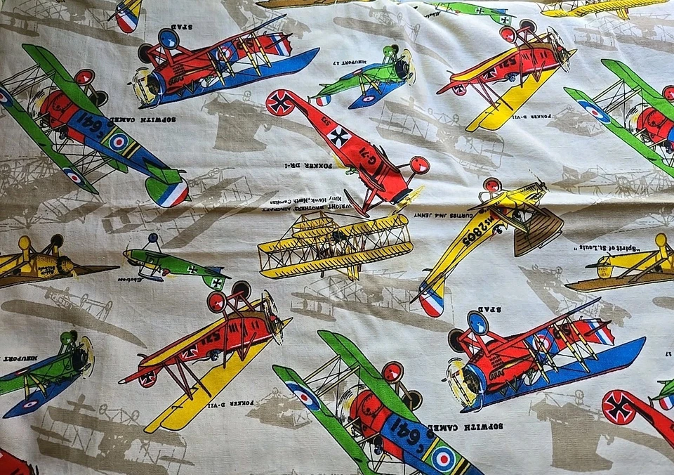 VTG House 'N Home Fabric & Draperies 8+ Yards 44" Wide Old Airplanes Print Beige - Image 1 of 4