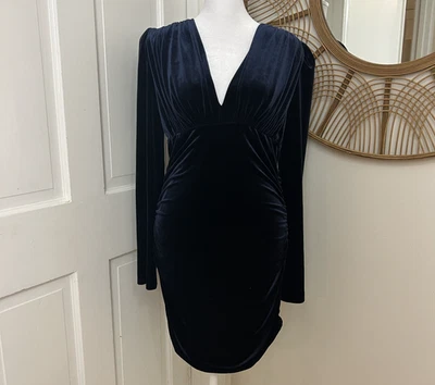 Vestido de festa BCBGMaxAzria Y2K veludo azul noite franzido coquetel férias tamanho M - Imagem 1 de 4