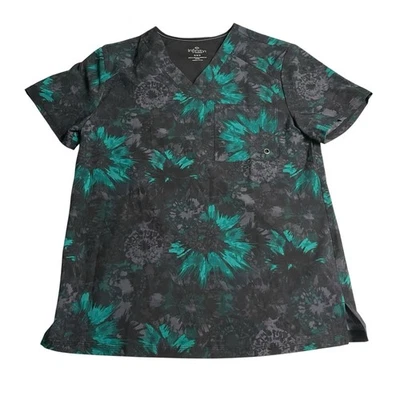 Cherokee Infinity Mens Scrub Top Size Medium Green Black Texture Burst 1 Pocket - Image 1 of 4