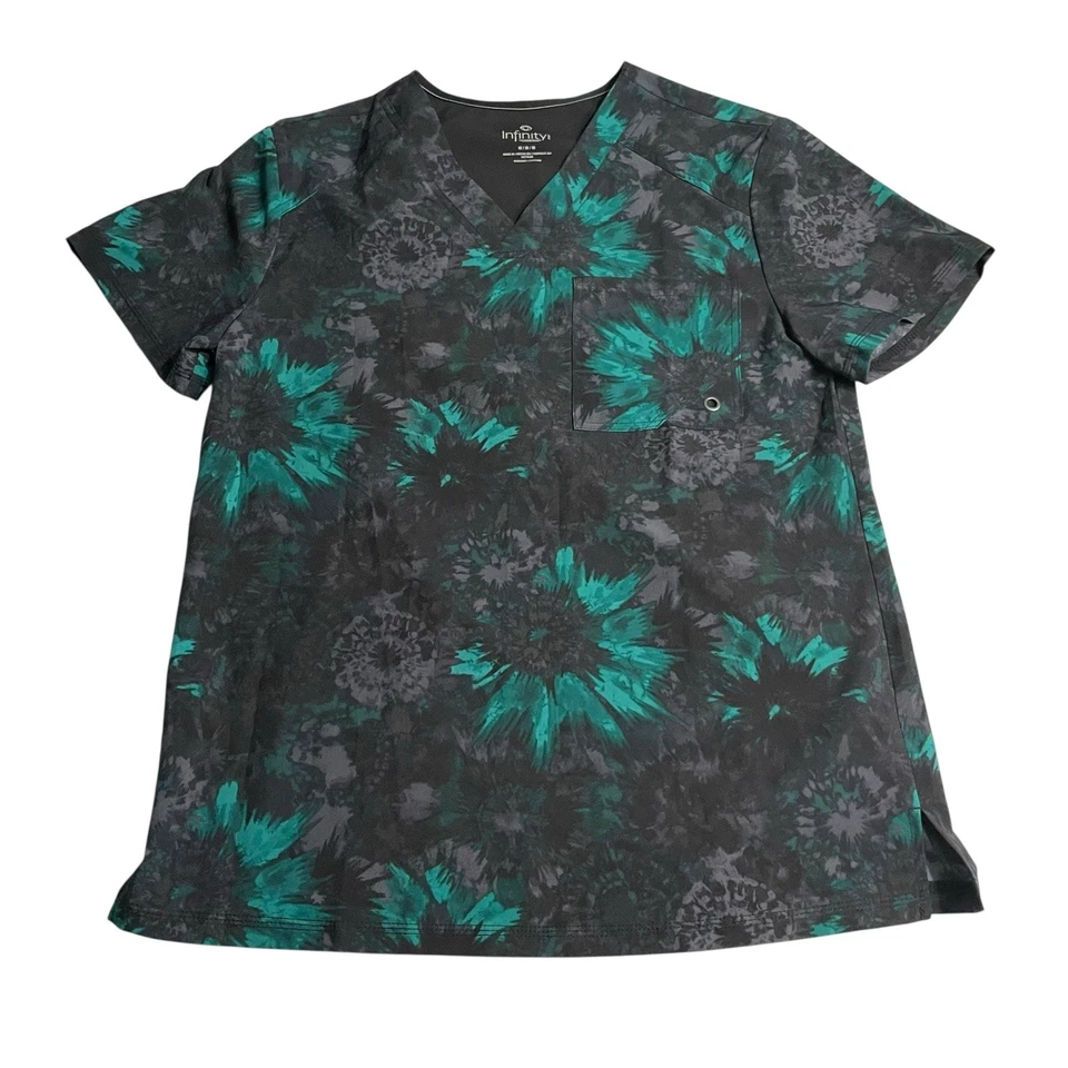 Cherokee Infinity Mens Scrub Top Size Medium Green Black Texture Burst 1 Pocket - Image 1 of 4