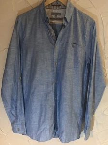 Ted Baker Shirt Ch40" Blue Linen /Cotton Blend Long Sleeve Contrasting Trim - Picture 1 of 9