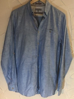 Ted Baker Shirt Ch40" Blue Linen /Cotton Blend Long Sleeve Contrasting Trim - Image 1 of 4