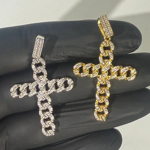 Mens 925 Sterling Silver / 14K Gold Plated Cuban Link Cross Pendant Necklace - Picture 1 of 5