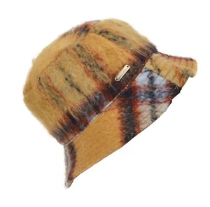 Steve Madden womens Logo Plate Brushed Bucket Hat Brown Tan Plaid Reversible - Picture 1 of 2