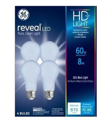 GE 4-Pack 8-Watt Reveal LED Dimmable A19 HD+ Light Bulbs - Image 1 of 4