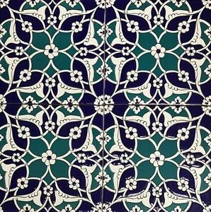 4 8"x8" Iznik erhaben türkis & blau Blumen & geometrisches Muster Keramikfliese - Bild 1 von 2