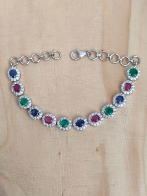 925 Sterling Silver Natural Ruby, Sapphire,Emerald Multi Gemstone Bracelet Gift - Image 1 of 4
