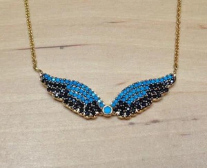 BEACH FASHION ANGEL WINGS GOLD RHODIUM BLACK & TURQUOISE CZ'S PENDANT NECKLACE - Picture 1 of 6