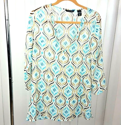 New York & Co. Sheer Tunic Size S Green/Brown Geometric Shirt Blouse - Image 1 of 4