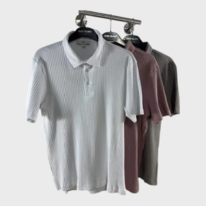 RIVER ISLAND Men's Ribbed Polo Shirt White Pink Grey Stretch Casual 3PCS - Picture 1 of 9