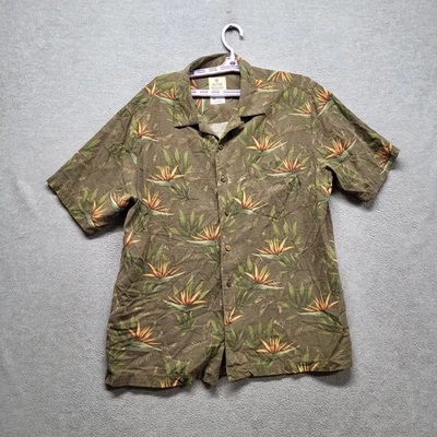 Solitude Men Button Up Shirt L Brown Silk Floral Hawaiian Shirt Short - Image 1 of 4