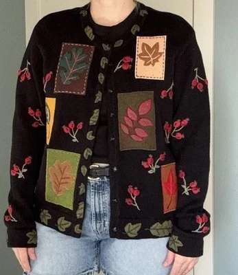Винтажный 90-х осени листья вязаный кардиган свитер кнопка черный вышитый M - Изображение 1 из 4