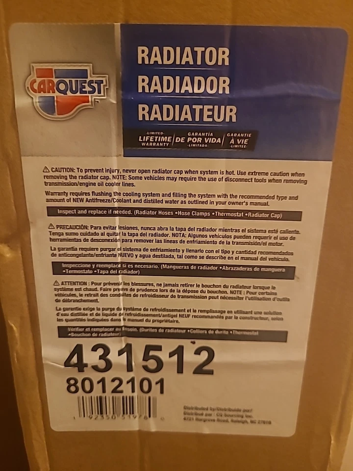 Radiador Carquest Parte Nº 431512 Foto 1 de 1