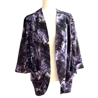 Sejour Womens Open Front Kimono Jacket Size 18W Black & Purple Abstract Print - Image 1 of 4