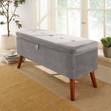 Grey Fabric Velvet Storage Ottoman Chest Bedding Blanket Box Wooden Legs Seconds