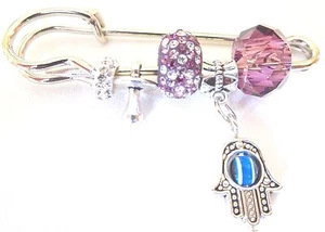 Ciondolo Hamsa tono argento Kabbalah malocchio e ciuccio prugna bambina spilla passeggino - Foto 1 di 1