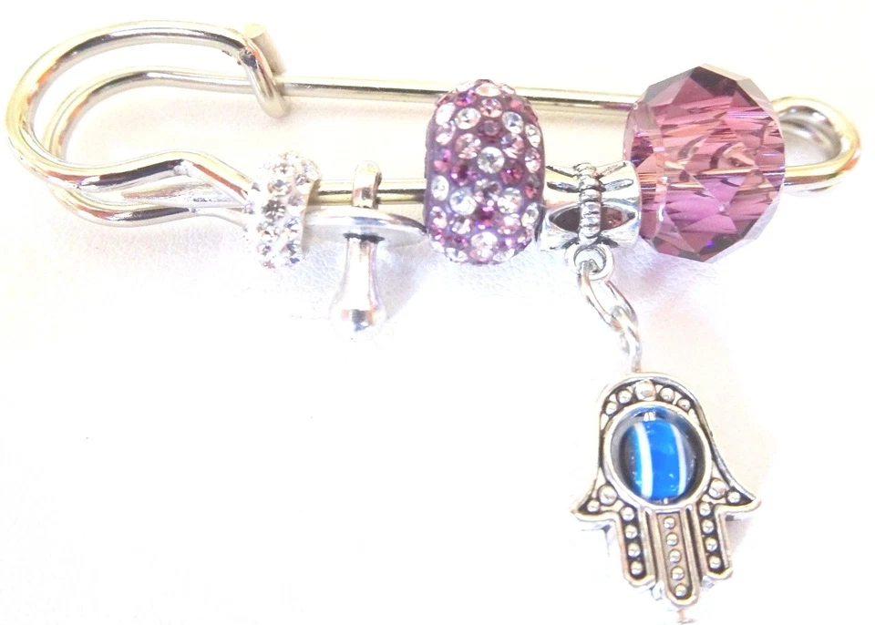 Ciondolo Hamsa tono argento Kabbalah malocchio e ciuccio prugna bambina spilla passeggino - Immagine 1 di 1