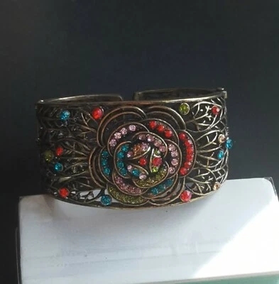 Flower Rainbow Rhinestones Solid Bronze band Bangle,Unisex Open Cuff Figurine - Imagem 1 de 4