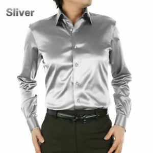 Hommes Faux Satin Soie Chemise Manches Longues Bouton Affaires Habillé Paillette - Picture 1 of 18
