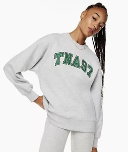 Aritzia Tna Damen 2XL kuscheliges Fleece Boyfriend Sweatshirt mit Rundhalsausschnitt grau Grafik - Bild 1 von 1