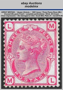 Gran Bretagna - QV 1881, Sc.83 - SG158 - 3p Rose Plate 21 (ML), Unu., Cat. $575,0 - Foto 1 di 2
