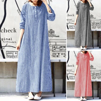 Fashion Womens Check Plaid O Neck Long Dress Casual Loose Shirt Dresse - Image 1 of 4