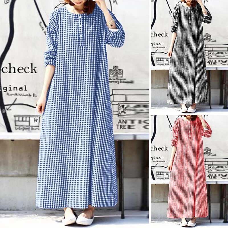 Fashion Womens Check Plaid O Neck Long Dress Casual Loose Shirt Dresse - Image 1 of 4