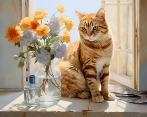 Katze auf Fensterbank mit Blumen Leinwandbild Wohndeko Wandbild Druck Gemälde 017 - Bild 1 von 6