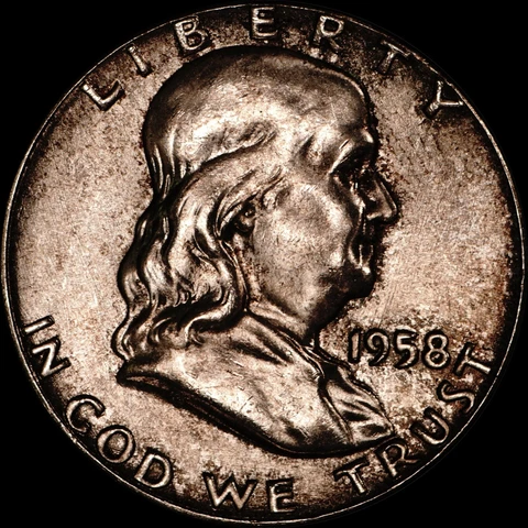1958 Franklin Half Dollar Silver Uncirculated Deep Contrast Toning, As Shown 996 Cover