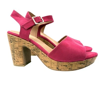 EUC American Eagle Hot Pink Fushia Ankle Strap Block Heel Sandals Cork Look Sz 9 - Image 1 of 4