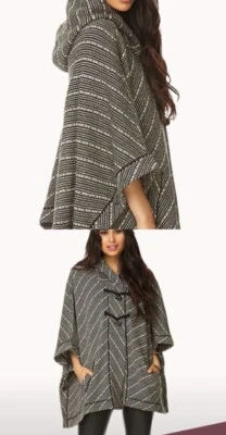 Forever 21 Hooded Poncho Sweater Women Size M/L Black/Tan Chevron Toggle Buttons Foto 1 de 4