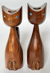 Vintage Arte Sania Del Olivo, Olive Wood Scoop Head Cat Candlesticks - Picture 1 of 6