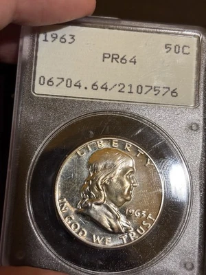 1963 Proof Franklin Half Old Rattler Holder Old Green Pcgs Pr64 - Image 1 of 2