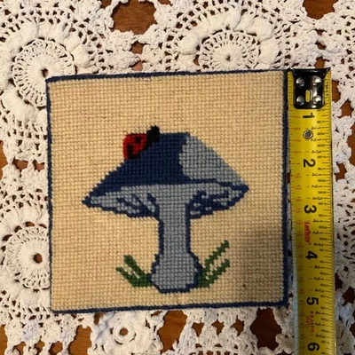 Vintage Needlepoint Art Mushroom Ladybug Handmade Cottagecore Decor Granny - Image 1 of 3