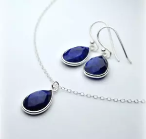 Collana zaffiro blu naturale ciondolo a goccia zaffiro orecchini set gioielli - Foto 1 di 4