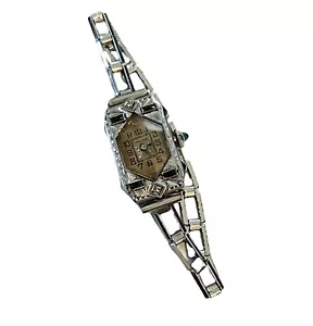 Antike Art Deco Mildus 14K Weißgold Damen Armbanduhr Diamanten & Smaragde 15j - Bild 1 von 19