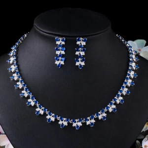 Dainty Royal Blue CZ Bridal Leaf Shape Chorker Necklace Earring Prom Jewelry Set - Foto 1 di 13