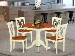 5pc kitchen dining set 36" round table + 4 xx-back wood chairs buttermilk cherry - Picture 1 of 12