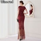 Lady Sequin Evening Maxi Dress Beading Sleeve Deep V Long Formal Prom Party Fit