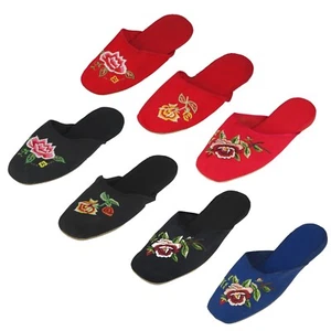 Handmade Embroidered Floral Chinese Women's Cotton Slippers Red Black New - Picture 1 of 23