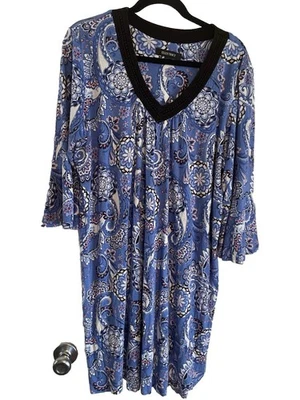 Camisón Ellen Tracy Azul Paisley Manga 3/4 Cuello en V Crochet Talla XLSoft Foto 1 de 4