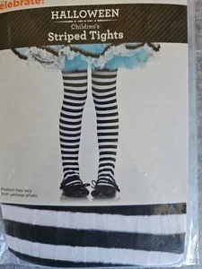 Girls Tights Size 8-10 White Black Striped Footed Halloween Costume  - Picture 1 of 2