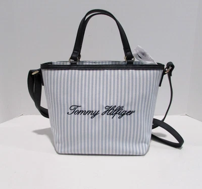 Tommy Hilfiger Canvas Tote Crossbody Bag Blue & White Stripes Navy Trim 8"h NWT - Image 1 of 4