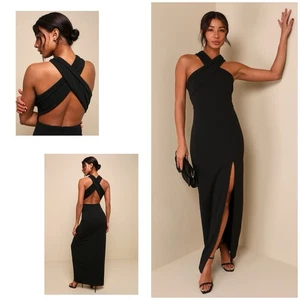 Lulus Head To Cocktail Hour Dress Women's M Black Halter Crepe Knit NWOT - Picture 1 of 13