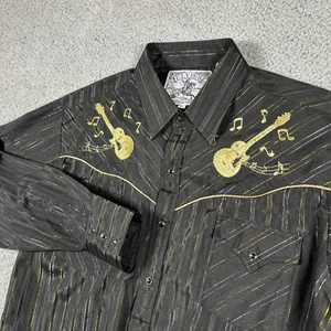 ELY 1878 XL Western Shirt Black Gold Striped Guitar Musical Notes Embroidered - Picture 1 of 8