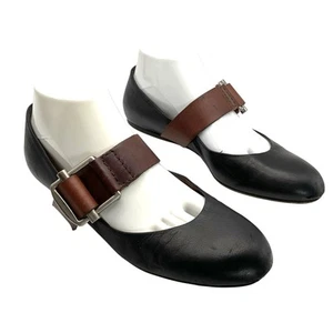 Marni Ladies Mary Jane Shoes 39 Us 9 Black Brown Leather Ballet Flats Big Buckle - Picture 1 of 16