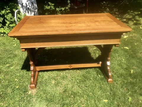 Rare Antique Table Deacons Mission Oak Trestle Library Carved 48” Long 26” Wide Cover